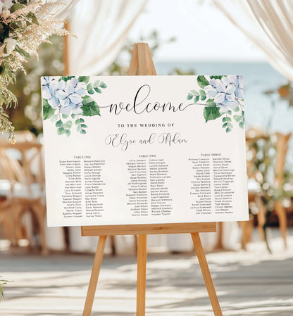 Wedding seating chart sign with floral design on a wooden easel outdoors. Editable Seating Chart, Blue Hydrangea Wedding 3 Banquet Table Plan, Wedding Welcome Sign, Seating Plan Poster, Ferras Blossom