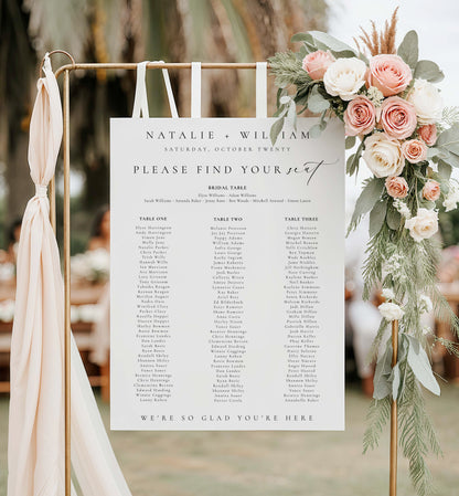 Wedding seating chart with floral decorations on a stand. Printable Wedding Table Plan Template, Minimalist Wedding Banquet Long Tables Seating Chart Template, Wedding Seating Plan Poster, Ellesmere