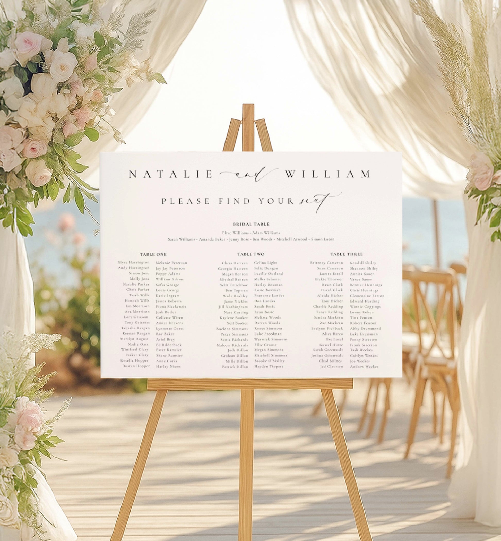 Wedding seating chart on an easel with floral decorations.

Printable Wedding Table Plan Template, Minimalist Wedding Banquet Long Tables Seating Chart Template, Wedding Seating Plan Poster, Ellesmere
