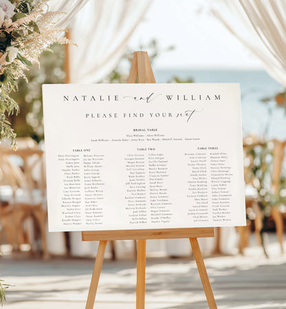 Wedding seating chart on an easel with floral decorations and blurred outdoor background.
Printable Wedding Table Plan Template, Minimalist Wedding Banquet Long Tables Seating Chart Template, Wedding Seating Plan Poster, Ellesmere