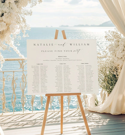 Wedding seating chart on an easel with a scenic background.

Printable Wedding Table Plan Template, Minimalist Wedding Banquet Long Tables Seating Chart Template, Wedding Seating Plan Poster, Ellesmere