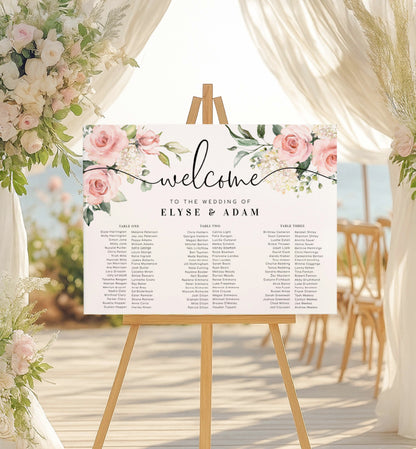Wedding welcome sign on an easel with floral decorations and seating chart. Printable Wedding 3 Long Tables Seating Chart, Wedding Banquet Table Plan, Editable Seating Chart Template, Seating Plan Poster, Darcy