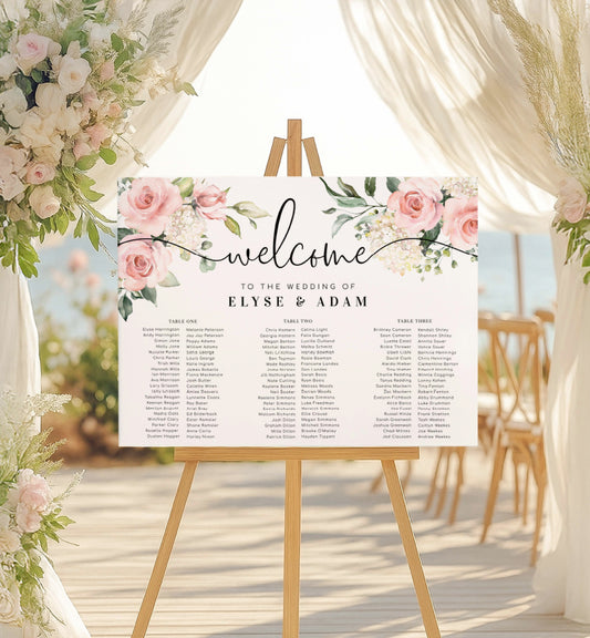 Wedding welcome sign on an easel with floral decorations and seating chart. Printable Wedding 3 Long Tables Seating Chart, Wedding Banquet Table Plan, Editable Seating Chart Template, Seating Plan Poster, Darcy