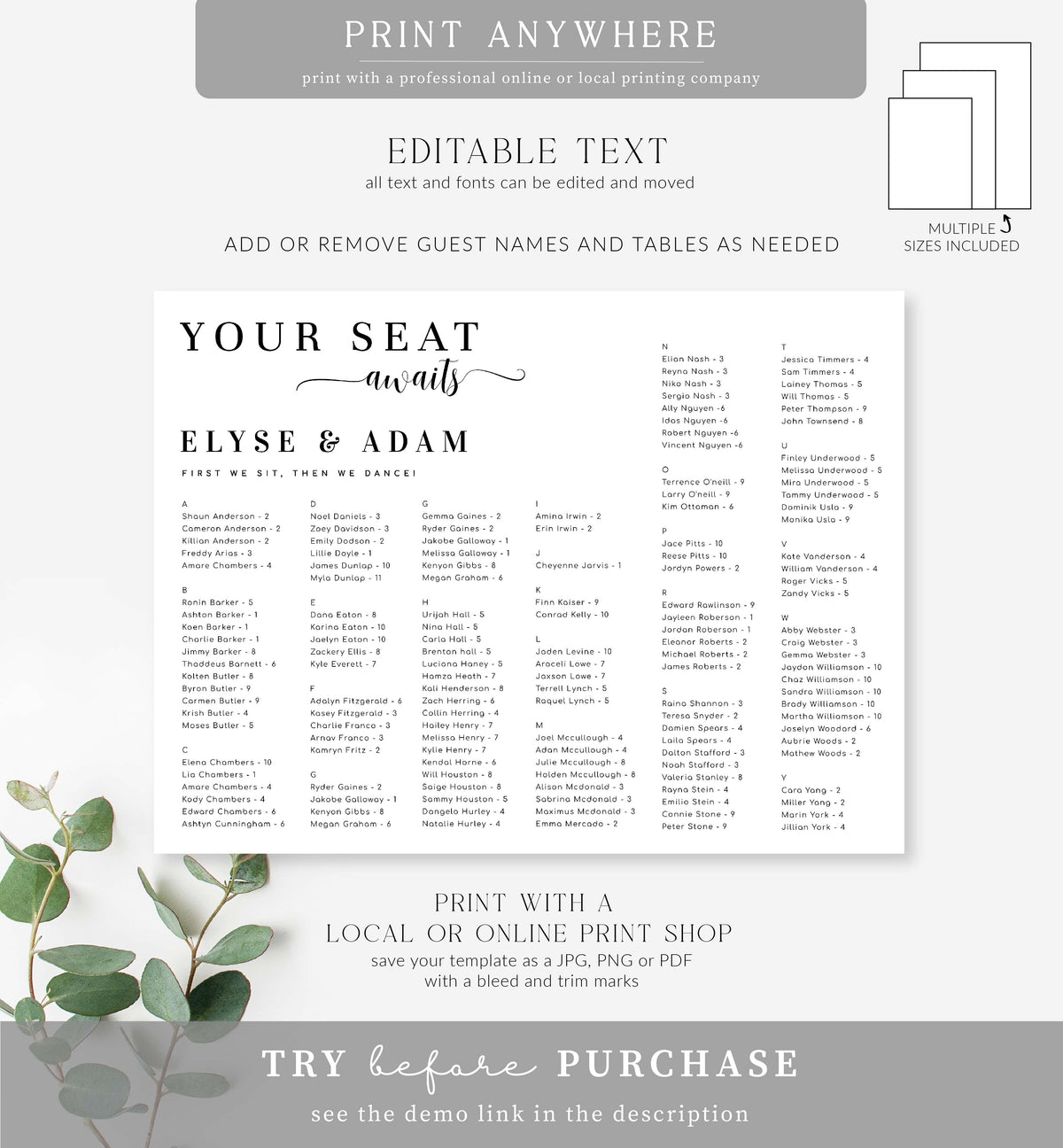 Seating Song Names Seating Chart Name Template