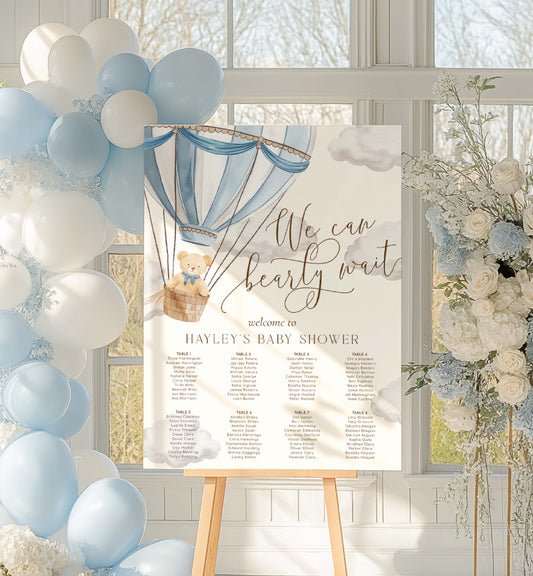 Printable Teddy Bear Seating Chart Sign Template, We Can Bearly Wait Baby Shower Seating Plan Sign, Blue Hot Air Balloon Guest List Sign