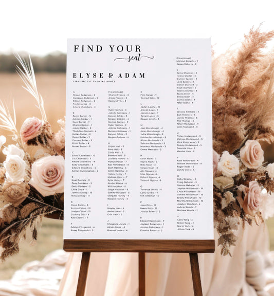 Alphabetical Find Your Seat Wedding Table Plan, Editable Modern Minimal Wedding Seating Chart Template, Printable Seating Plan Poster Leyton