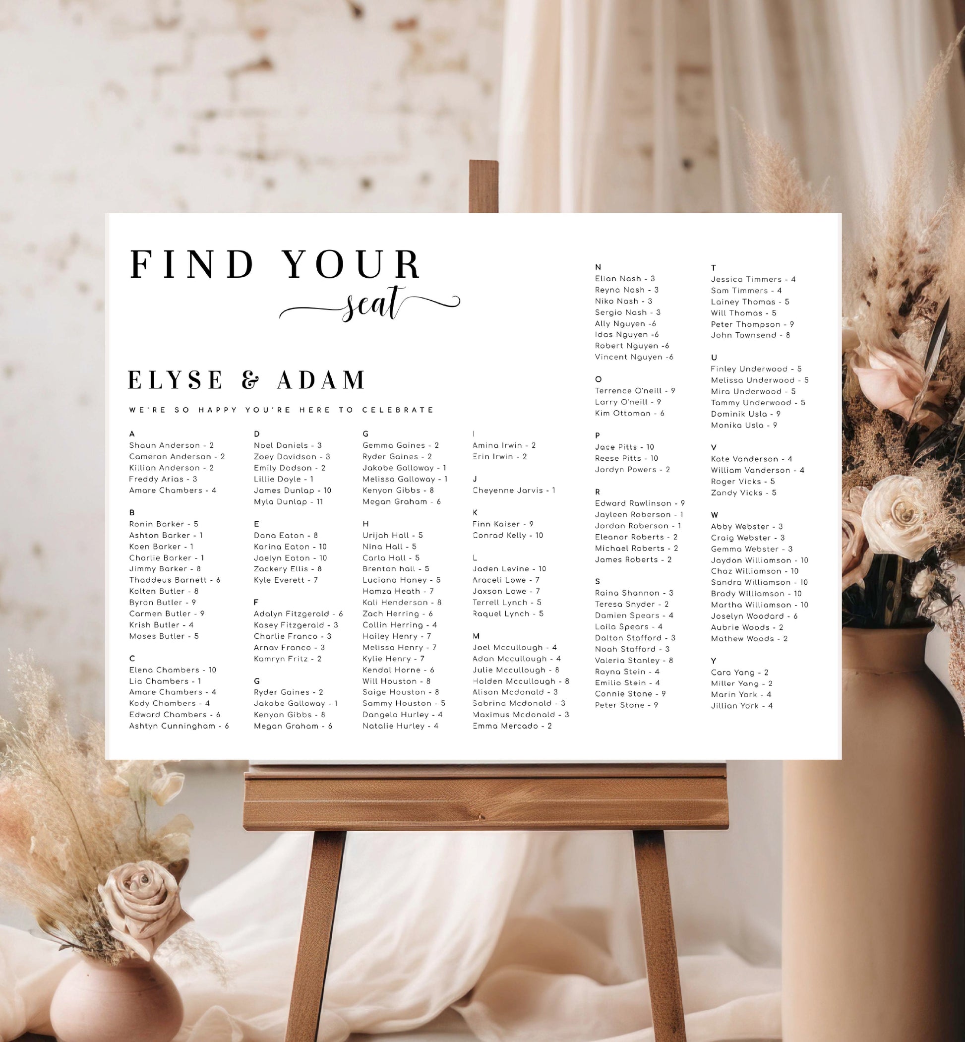 Alphabetical Find Your Seat Wedding Table Plan, Editable Modern Minimal Wedding Seating Chart Template, Printable Seating Plan Poster Leyton