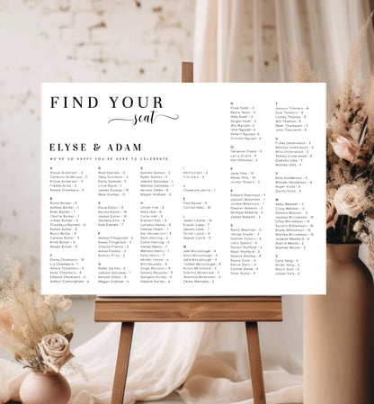Alphabetical Find Your Seat Wedding Table Plan, Editable Modern Minimal Wedding Seating Chart Template, Printable Seating Plan Poster Leyton