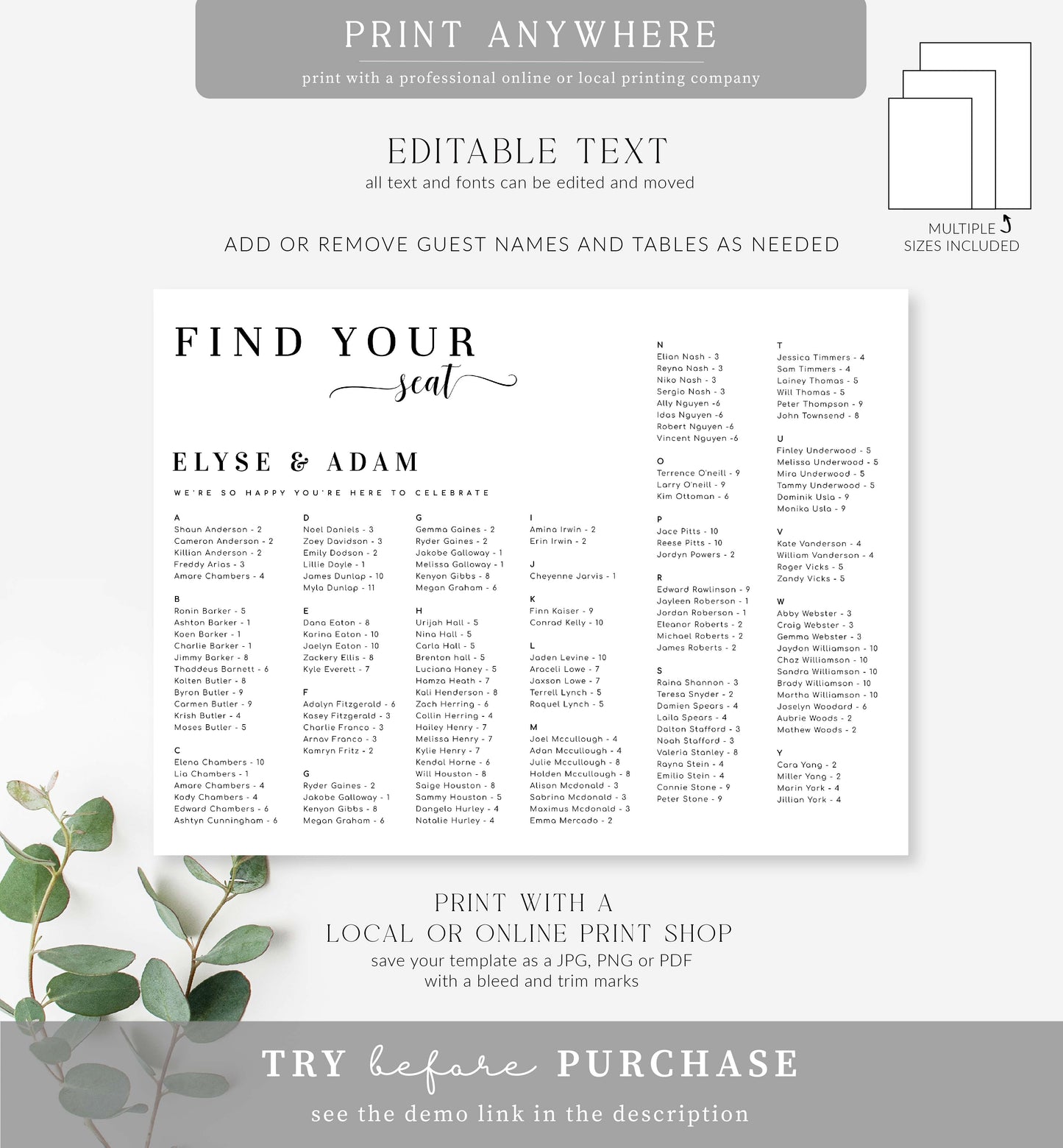 Leyton Script White | Printable Find Your Seat Seating Chart - Alphabetical