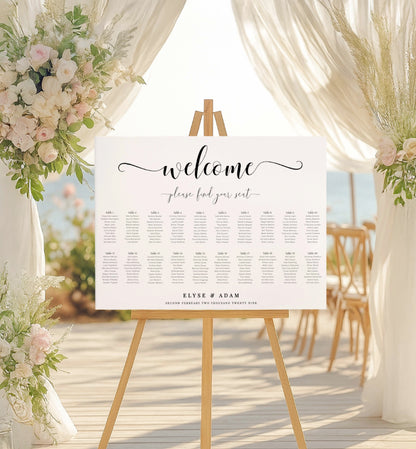 Wedding seating chart on an easel with floral decorations and outdoor setting. Minimalist Wedding Seating Chart, Printable Modern Seating Chart Board, Simple Clean Wedding Seating Sign, Wedding Poster, 20 table seating chart, 30 table seating chart