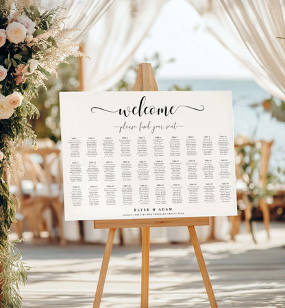 Seating chart sign on an easel with floral decorations and chairs in the background. Minimalist Wedding Seating Chart, Printable Modern Seating Chart Board, Simple Clean Wedding Seating Sign, Wedding Poster, 20 table seating chart, 30 table seating chart
