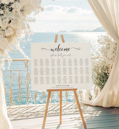 Seating chart on an easel with a scenic background. Minimalist Wedding Seating Chart, Printable Modern Seating Chart Board, Simple Clean Wedding Seating Sign, Wedding Poster, 20 table seating chart, 30 table seating chart