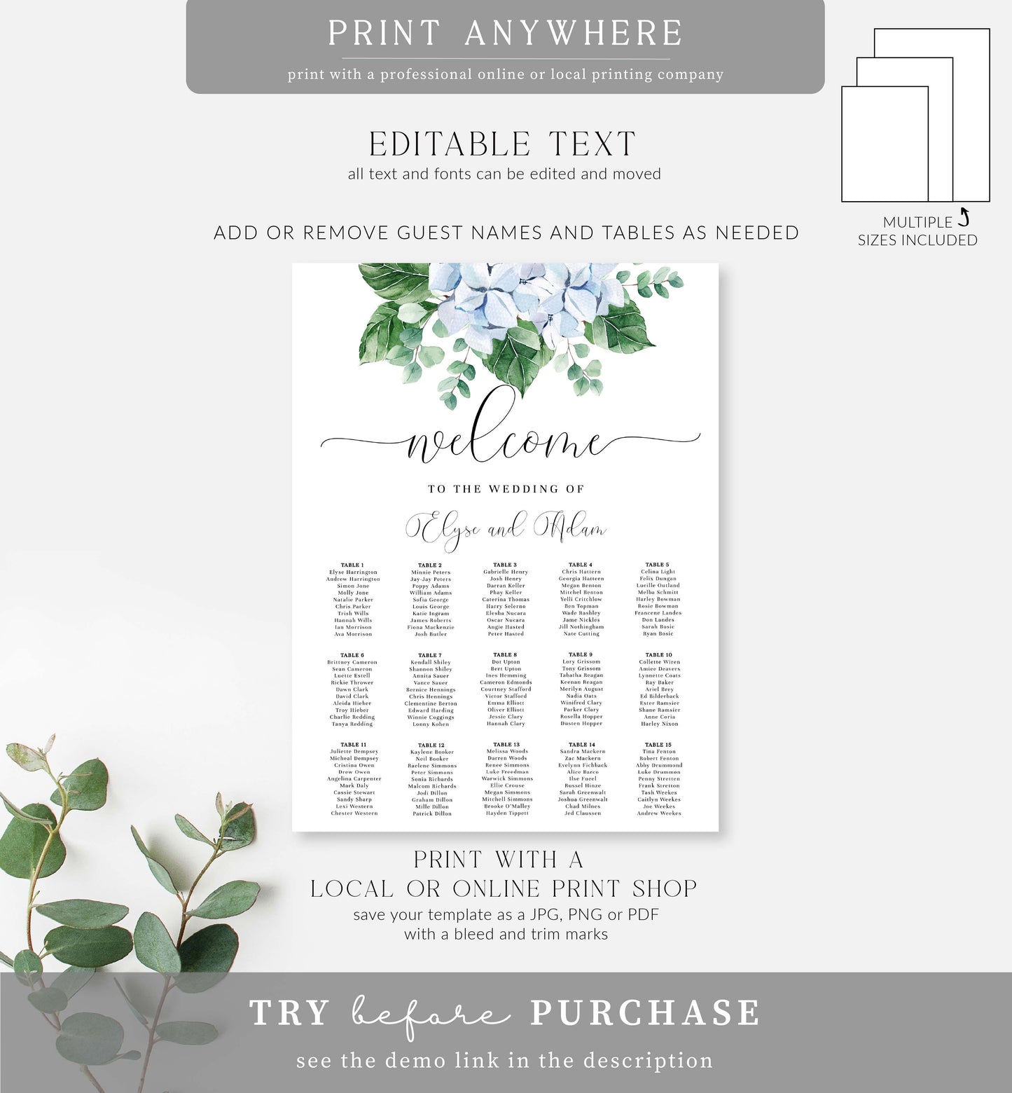 Ferras Blossom Blue | Printable Seating Chart Template