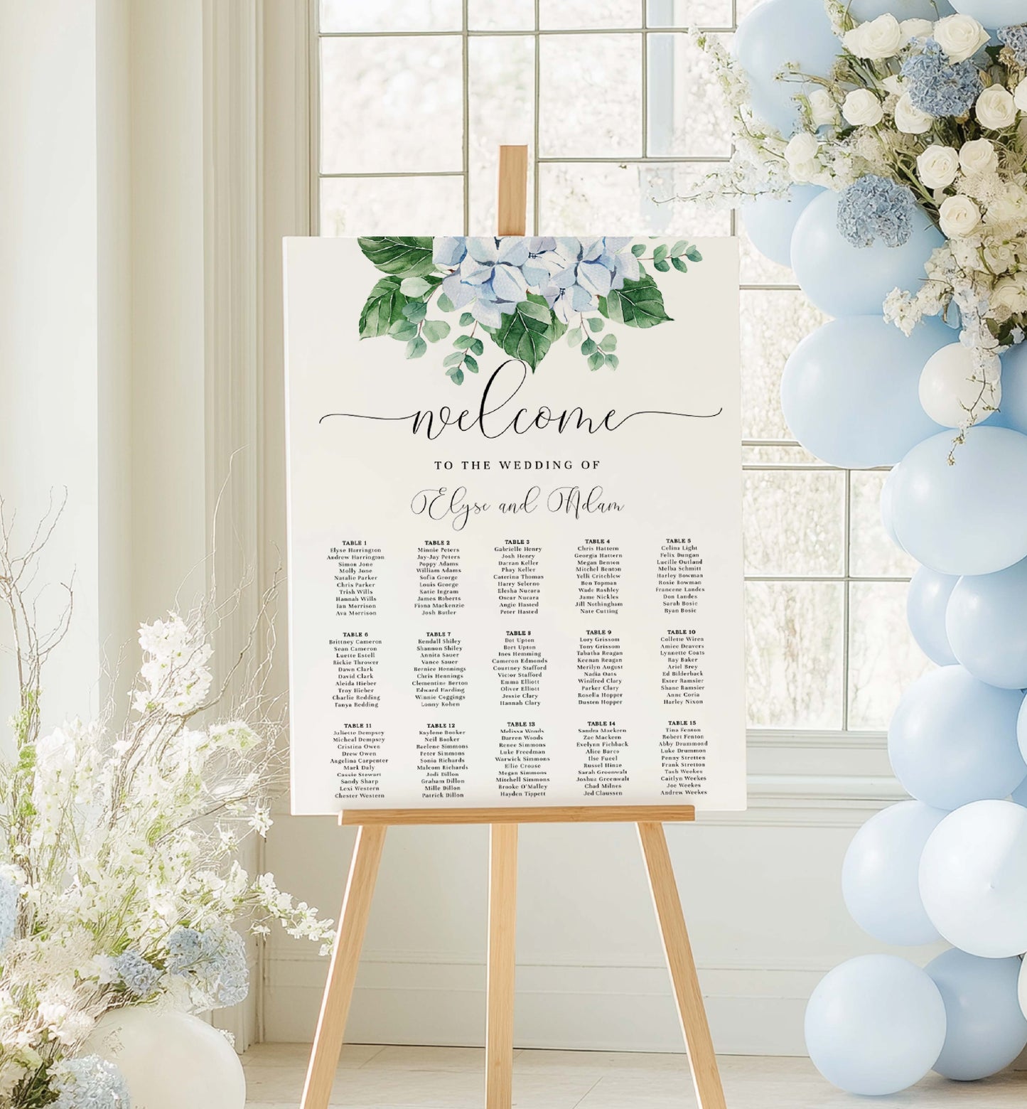 Wedding seating chart on an easel with floral decorations and balloons. Printable Seating Chart, Blue Hydrangea Wedding Table Plan, Guest Seating Plan Sign, Wedding Welcome Sign, Ferras Blossom