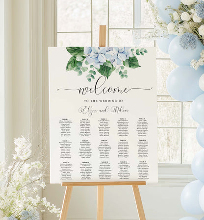 Wedding seating chart on an easel with floral decorations and balloons. Printable Seating Chart, Blue Hydrangea Wedding Table Plan, Guest Seating Plan Sign, Wedding Welcome Sign, Ferras Blossom