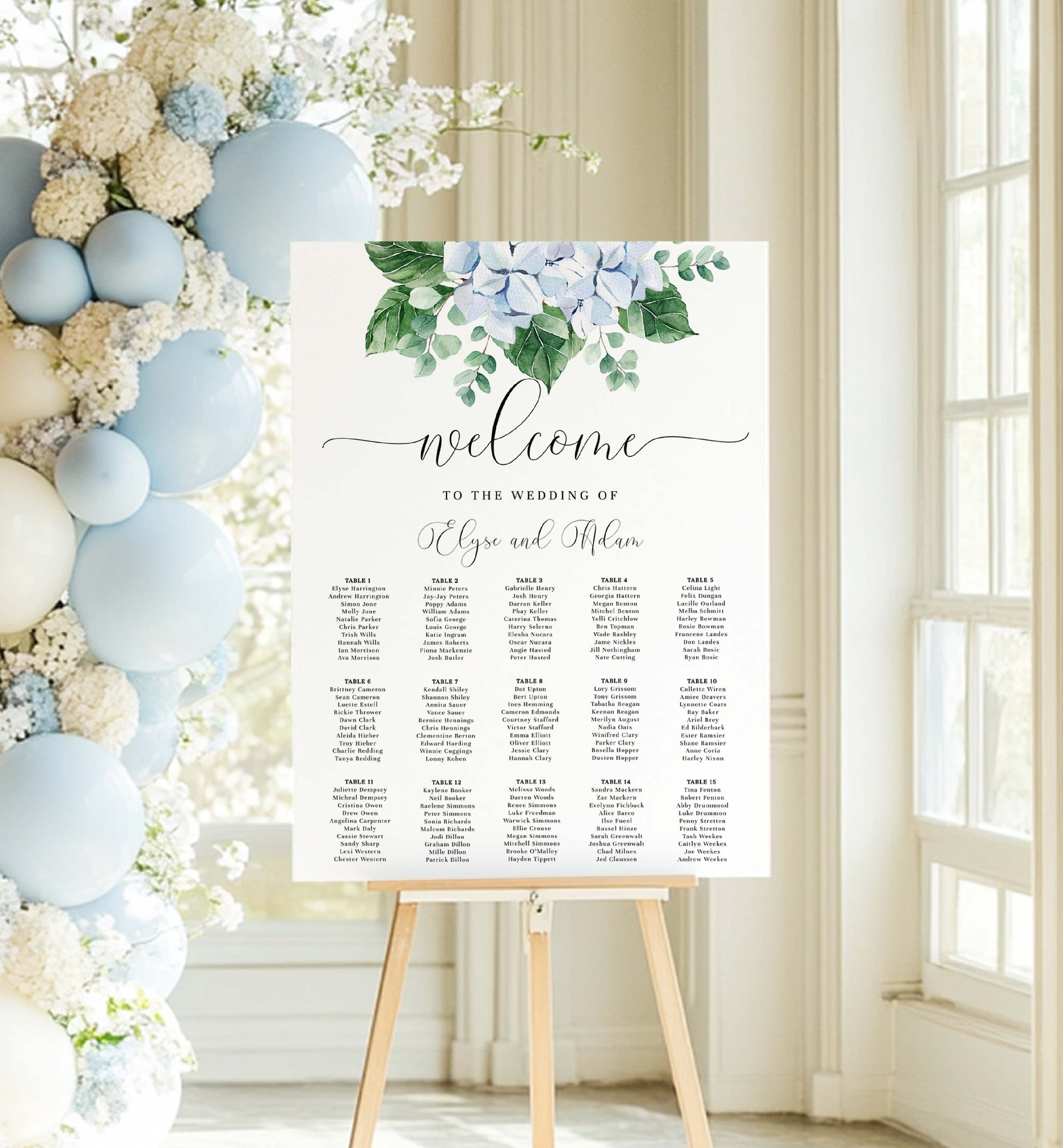 Wedding seating chart on an easel with floral decorations and balloons. Printable Seating Chart, Blue Hydrangea Wedding Table Plan, Guest Seating Plan Sign, Wedding Welcome Sign, Ferras Blossom
