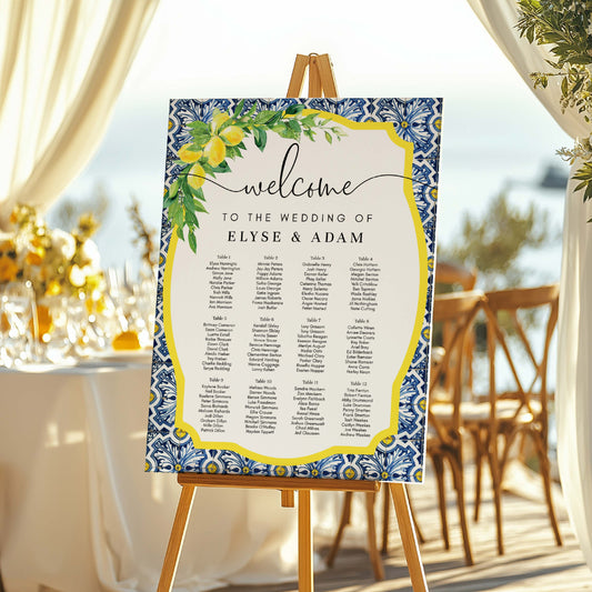 Wedding welcome sign on an easel with floral design, set outdoors. Printable Seating Chart Template, Positano Blue Tile Lemon Wedding Table Plan, Italian Theme, Seating Plan Poster, Guest List Seating Sign