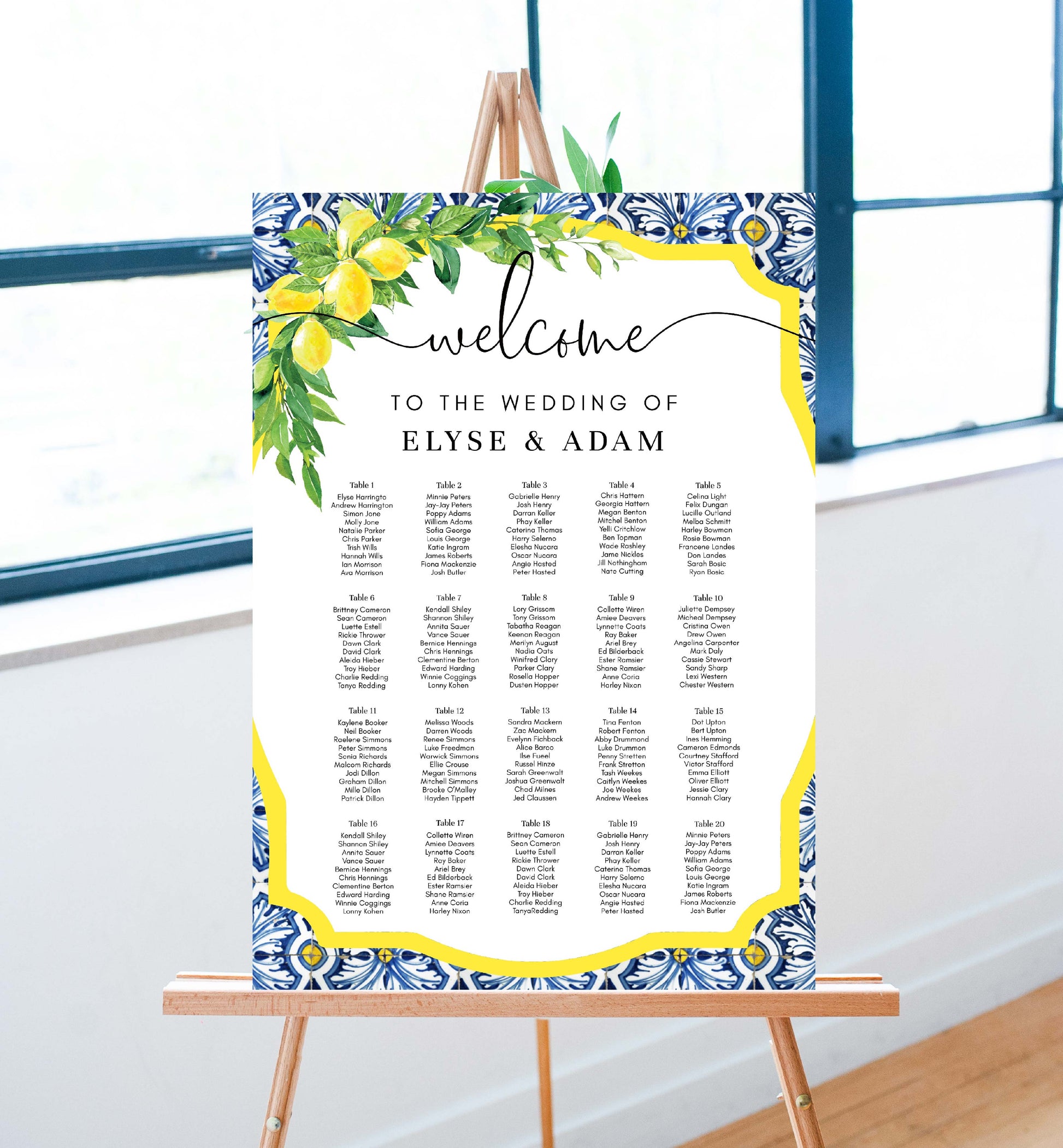 Wedding seating chart with floral design on an easel. Printable Seating Chart Template, Positano Blue Tile Lemon Wedding Table Plan, Italian Theme, Seating Plan Poster, Guest List Seating Sign