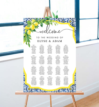 Wedding seating chart with floral design on an easel. Printable Seating Chart Template, Positano Blue Tile Lemon Wedding Table Plan, Italian Theme, Seating Plan Poster, Guest List Seating Sign