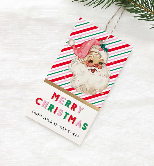 Printable Christmas Gift Tag, Secret Santa Gift Label, Christmas Gift Exchange Tag, Retro Santa, Christmas Gift Wrapping Tag Red Pink Stripe