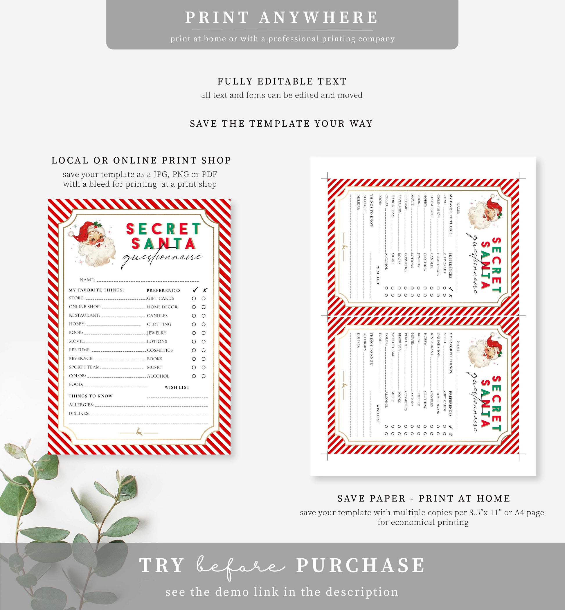 Stripe Red  Printable Secret Santa Gift Tag Template – Black Bow