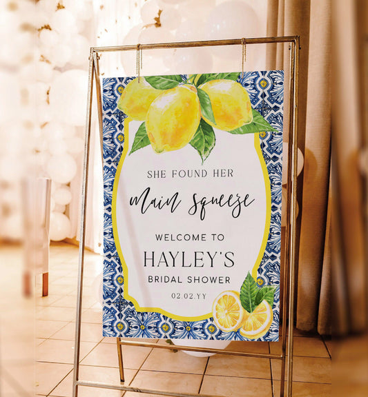 She Found Her Main Squeeze Welcome Sign, Lemons Bridal Shower Printable Welcome Sign, Positano Blue Majolica Tile,  Hens Party Welcome Sign