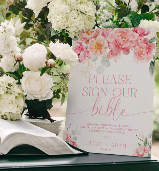 Printable Sign Our Bible Sign, Wedding Bible Guest Book Sign, Blush Pink Peony Please Sign Our Guest Book Sign, Wedding Signage, Piper