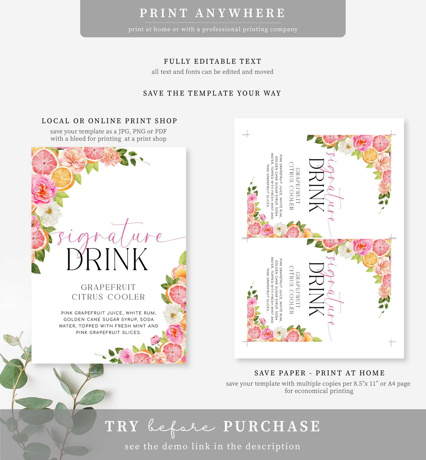 Pomelo White | Printable Signature Drink Sign Template