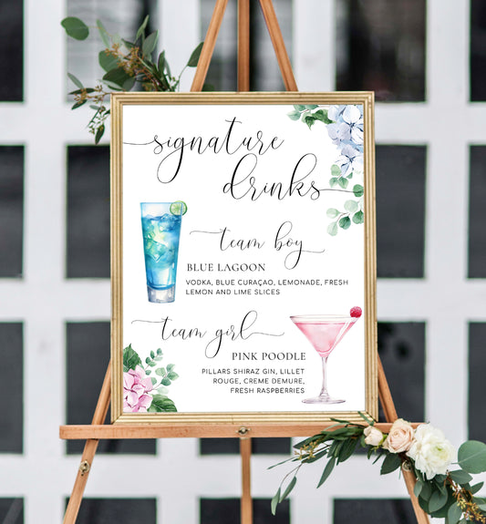 Team Girl Team Boy Drinks Menu Sign, Pink Blue Hydrangea, Printable Baby Shower Menu Bar Sign, Gender Reveal Party Drinks Sign, Ferras