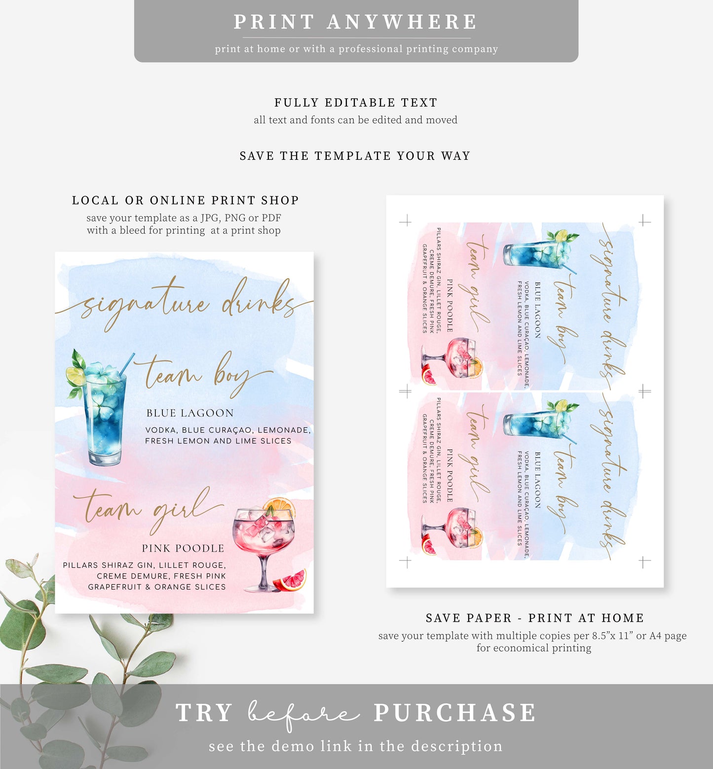 Watercolour Pink Blue | Printable Team Girl Boy Drinks Sign Template