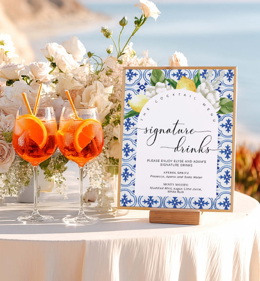 Printable Signature Drinks Sign, Mediterranean Blue Tile, Italian Lemons, Editable Signature Cocktails Bar Sign, Wedding Menu Bar Sign, Arch