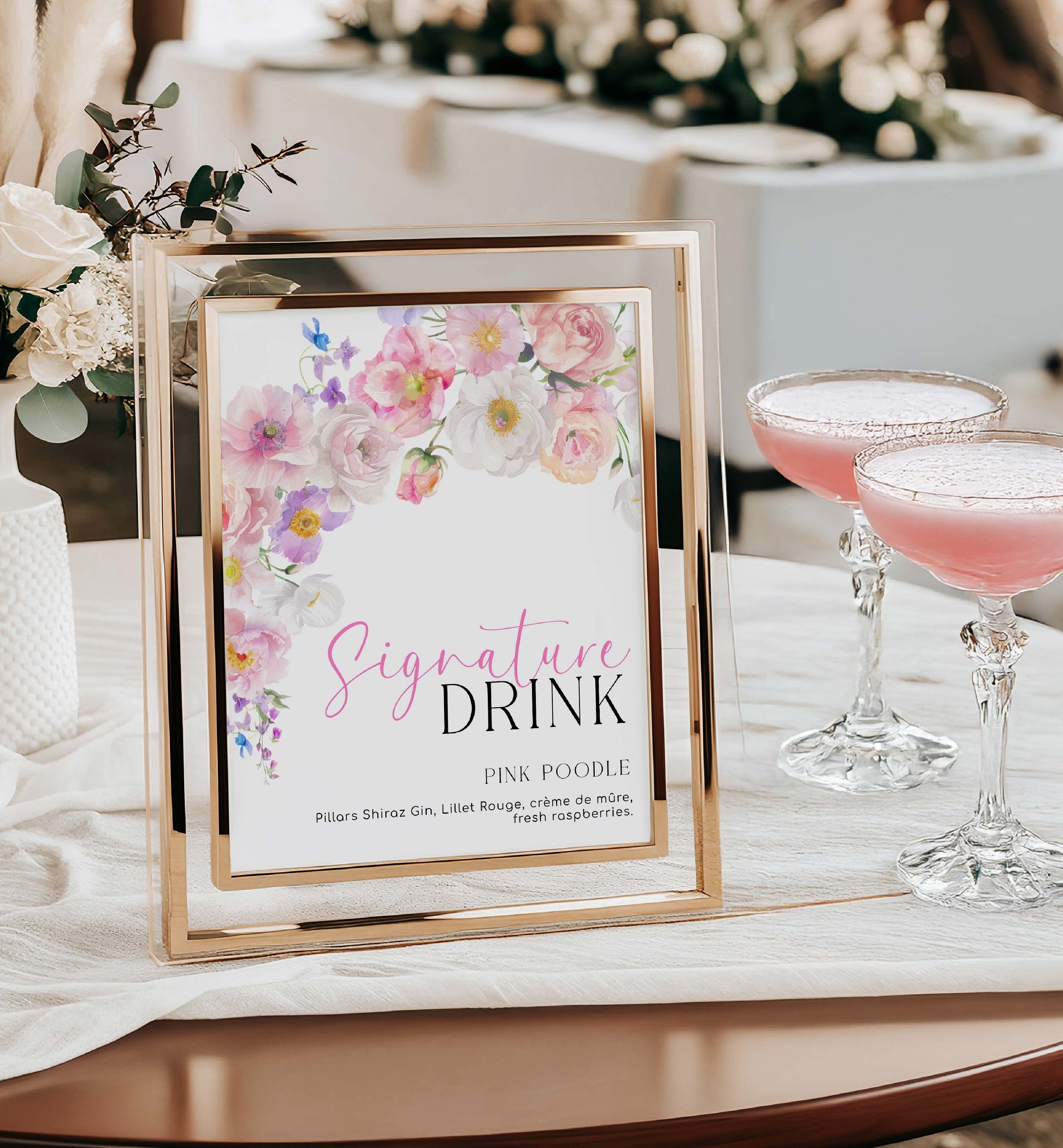 Printable Signature Drinks Menu Sign, Printable Bridal Shower Cocktail Menu, Hot Pink Wildflowers, Baby Shower Mocktail Menu Sign, Eloise