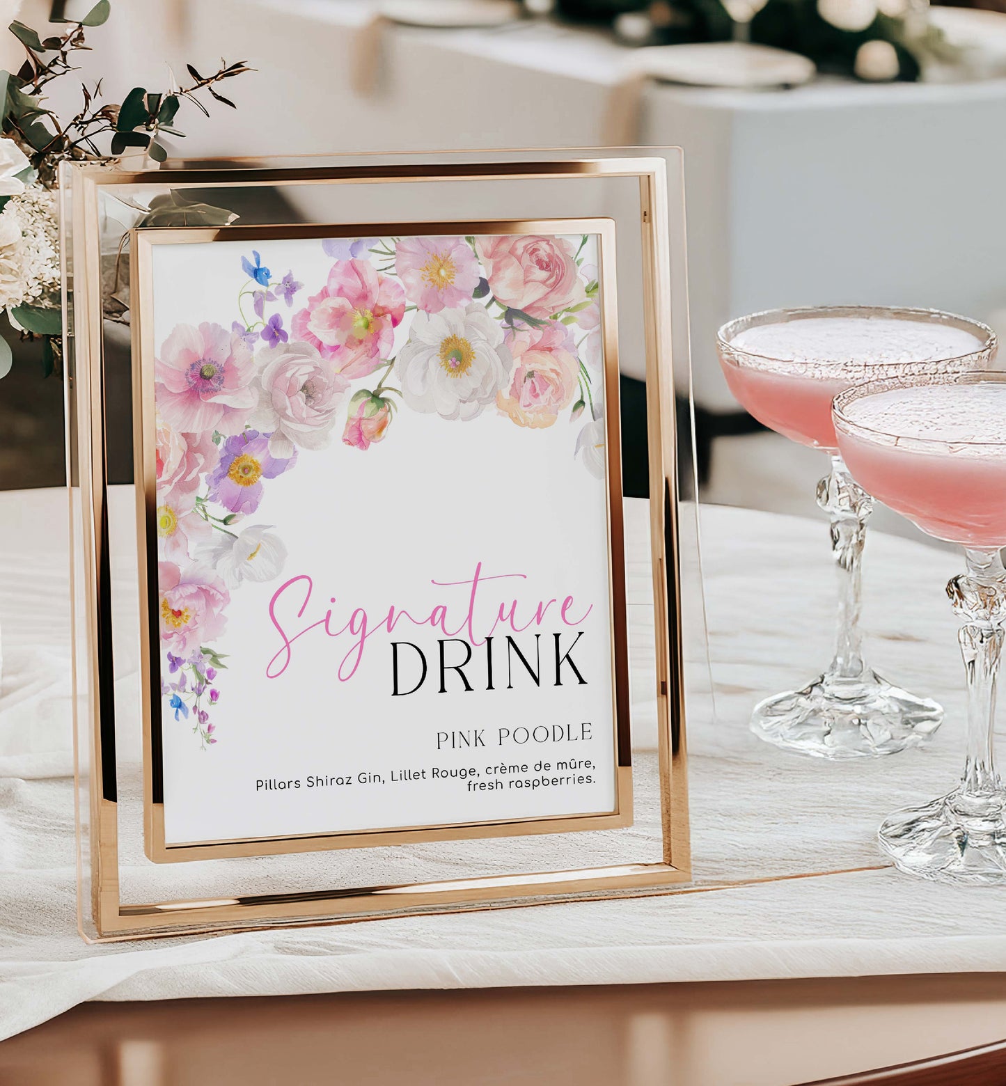 Printable Signature Drinks Menu Sign, Printable Bridal Shower Cocktail Menu, Hot Pink Wildflowers, Baby Shower Mocktail Menu Sign, Eloise