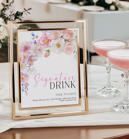 Printable Signature Drinks Menu Sign, Printable Bridal Shower Cocktail Menu, Hot Pink Wildflowers, Baby Shower Mocktail Menu Sign, Eloise