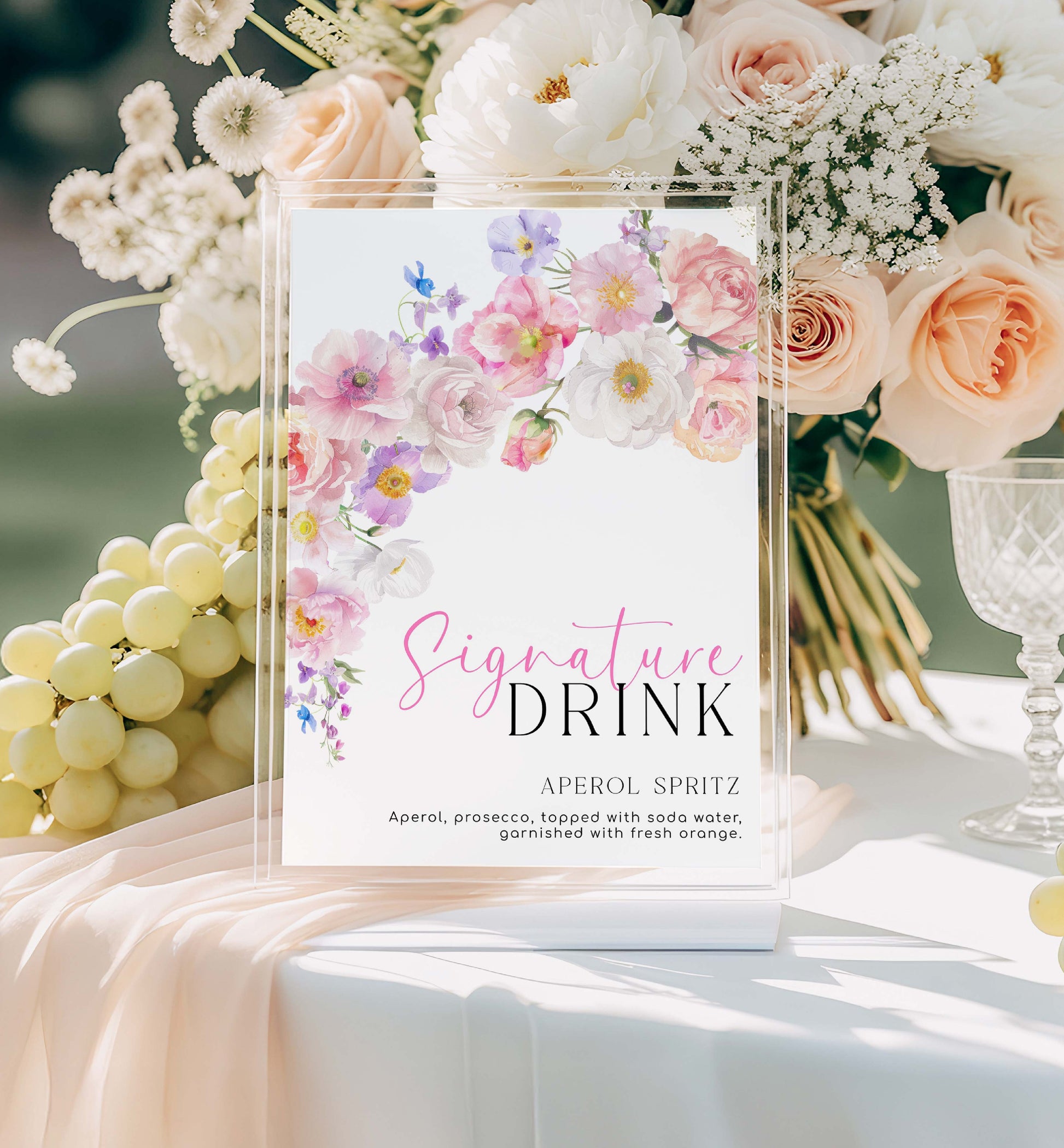 Printable Signature Drinks Menu Sign, Printable Bridal Shower Cocktail Menu, Hot Pink Wildflowers, Baby Shower Mocktail Menu Sign, Eloise