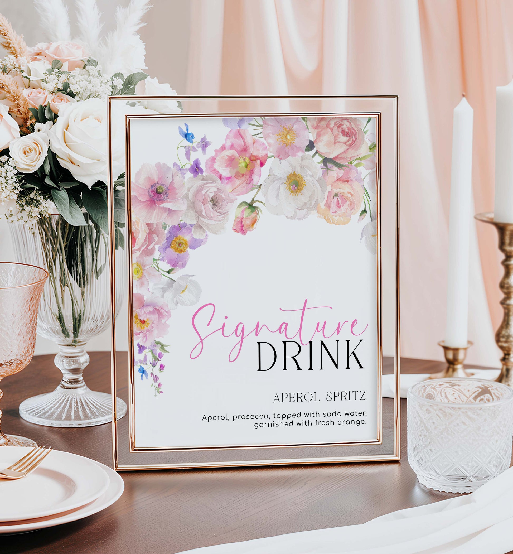 Printable Signature Drinks Menu Sign, Printable Bridal Shower Cocktail Menu, Hot Pink Wildflowers, Baby Shower Mocktail Menu Sign, Eloise