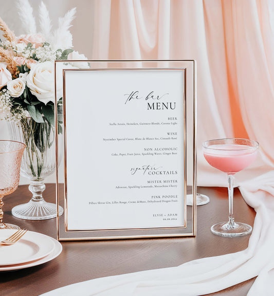 Framed menu on a table with floral arrangement and cocktails. Signature Drinks Sign, Minimalist Wedding Signature Cocktails Sign, Printable His and Her Drinks Menu Sign, Wedding Bar Menu Sign, Estelle