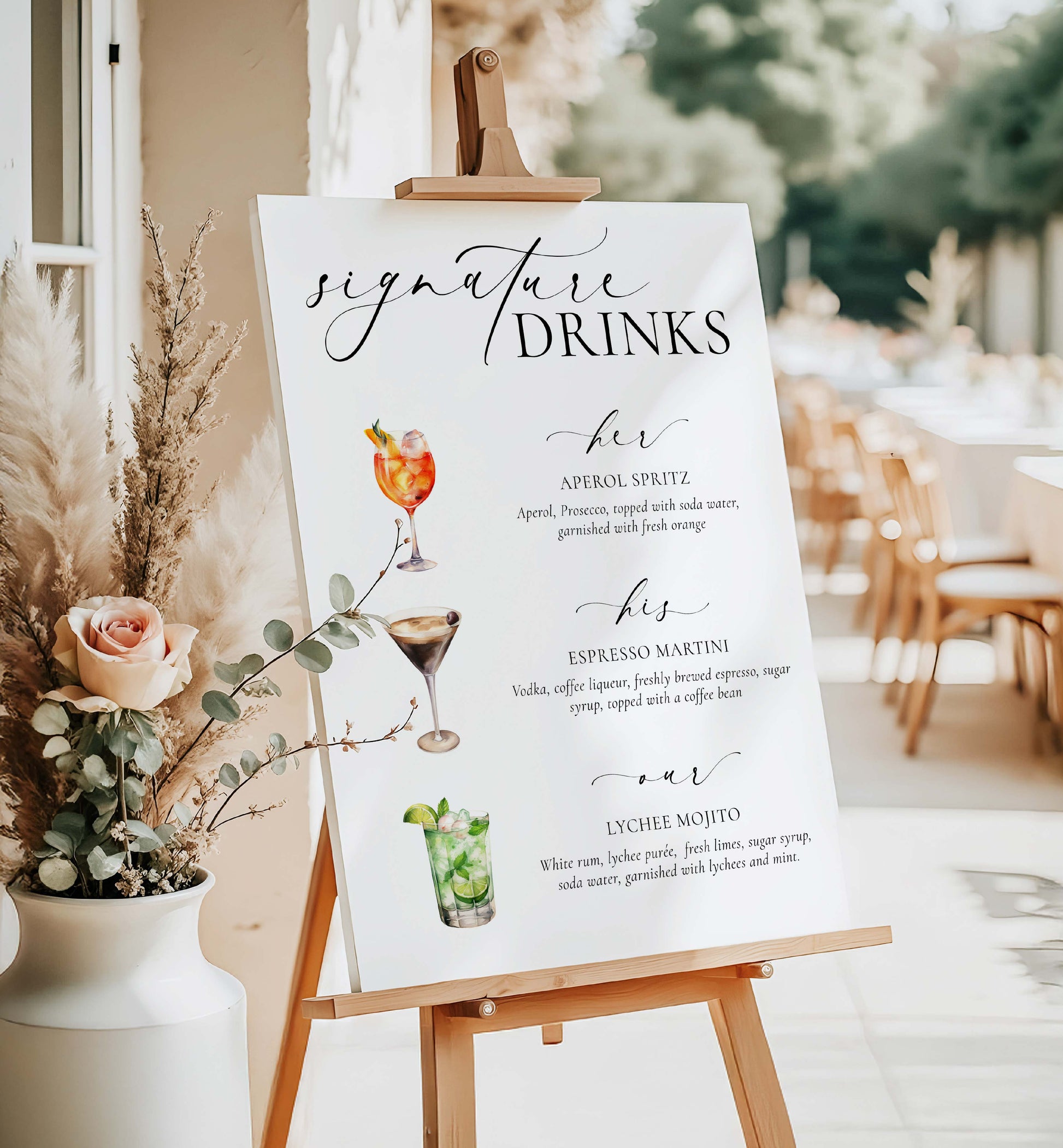 Signature His, Her, Our Drinks Menu Sign, Printable Wedding Signature Cocktail Sign, Minimalist Wedding, Cocktail Bar Cart Sign, Ellesmere