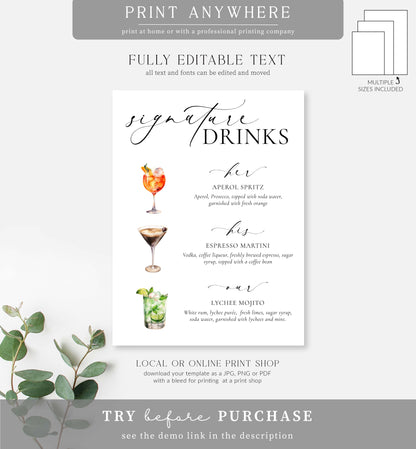 Ellesmere White | Printable Signature Drinks Menu Sign Template