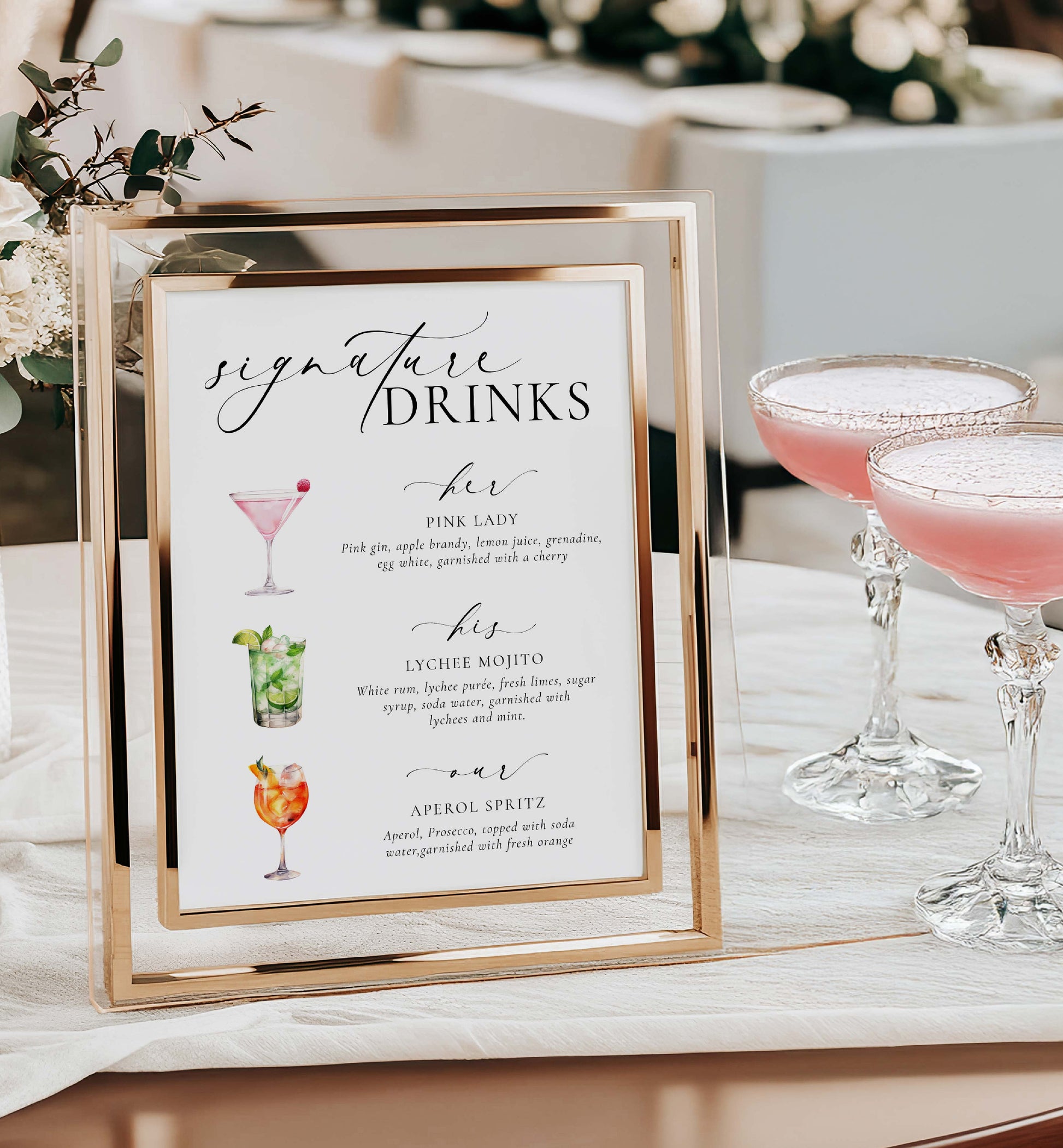 Signature His, Her, Our Drinks Menu Sign, Printable Wedding Signature Cocktail Sign, Minimalist Wedding, Cocktail Bar Cart Sign, Ellesmere