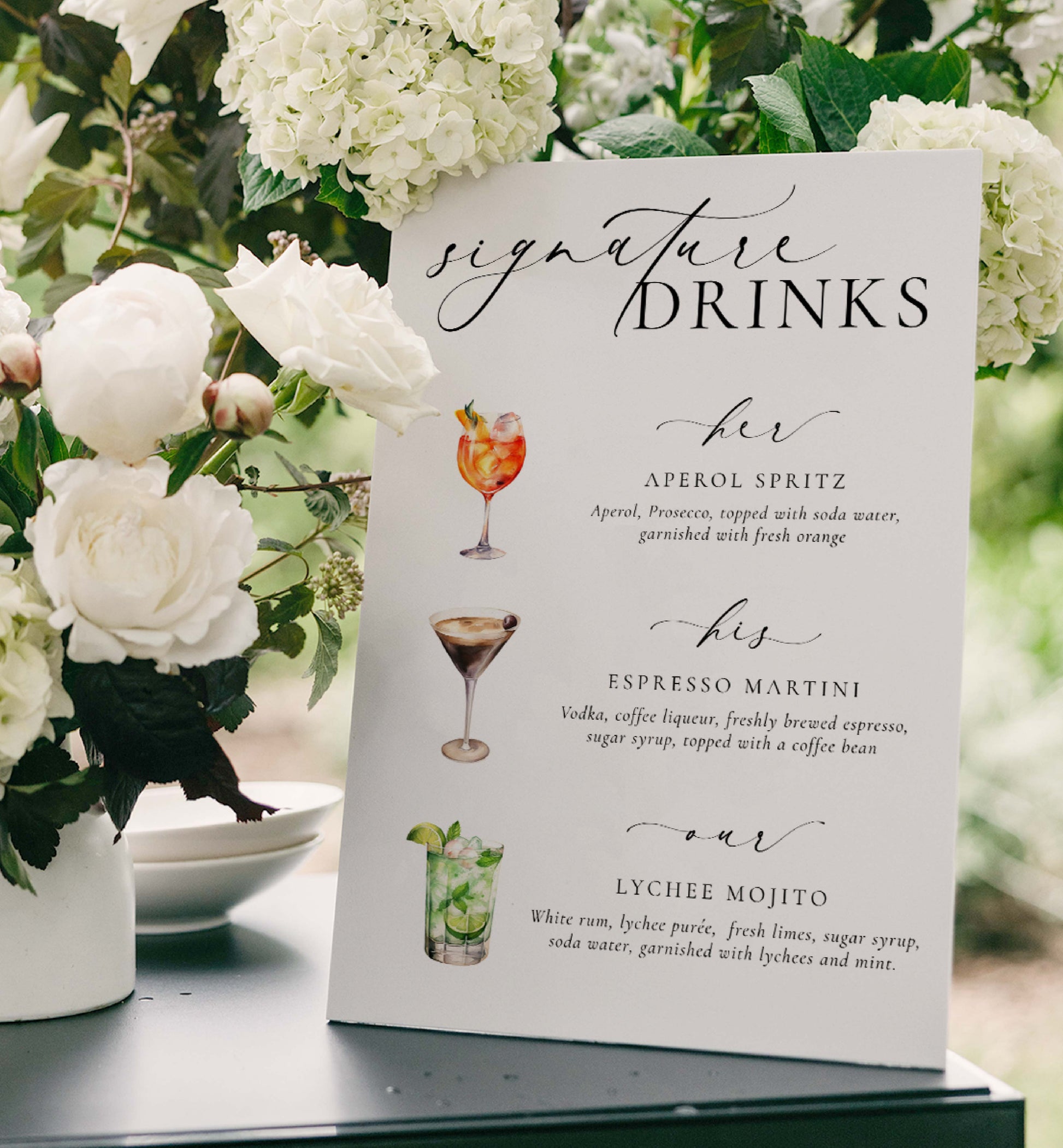Signature His, Her, Our Drinks Menu Sign, Printable Wedding Signature Cocktail Sign, Minimalist Wedding, Cocktail Bar Cart Sign, Ellesmere