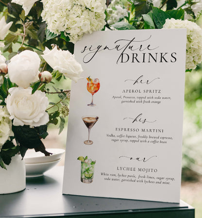 Signature His, Her, Our Drinks Menu Sign, Printable Wedding Signature Cocktail Sign, Minimalist Wedding, Cocktail Bar Cart Sign, Ellesmere