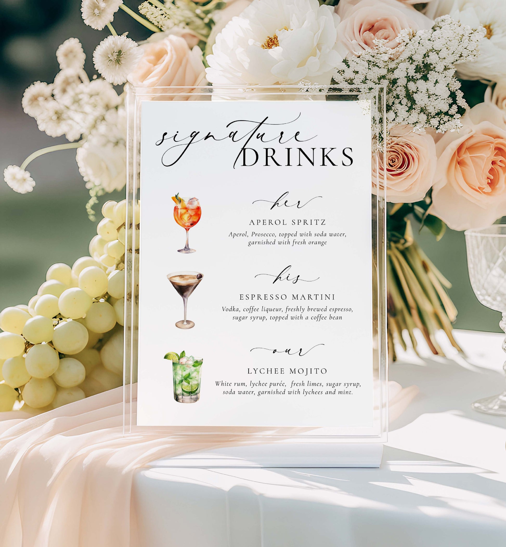 Signature His, Her, Our Drinks Menu Sign, Printable Wedding Signature Cocktail Sign, Minimalist Wedding, Cocktail Bar Cart Sign, Ellesmere