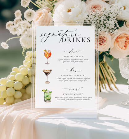 Signature His, Her, Our Drinks Menu Sign, Printable Wedding Signature Cocktail Sign, Minimalist Wedding, Cocktail Bar Cart Sign, Ellesmere