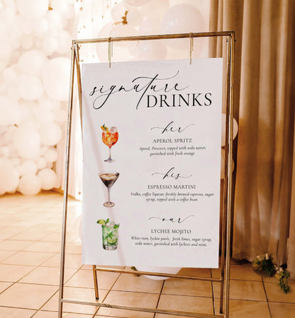Signature His, Her, Our Drinks Menu Sign, Printable Wedding Signature Cocktail Sign, Minimalist Wedding, Cocktail Bar Cart Sign, Ellesmere