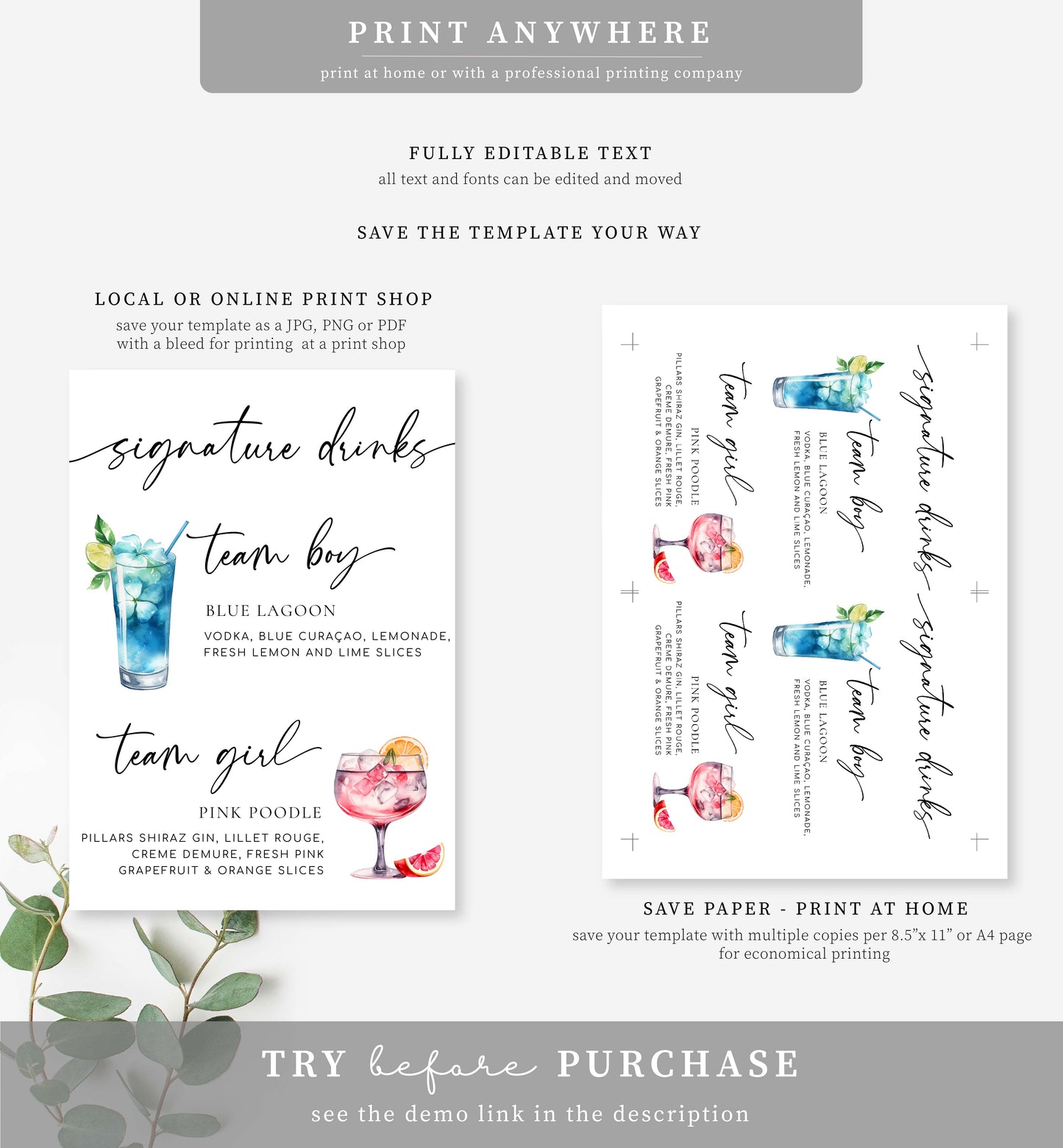 Rye White | Printable Signature Drinks Menu Sign Template