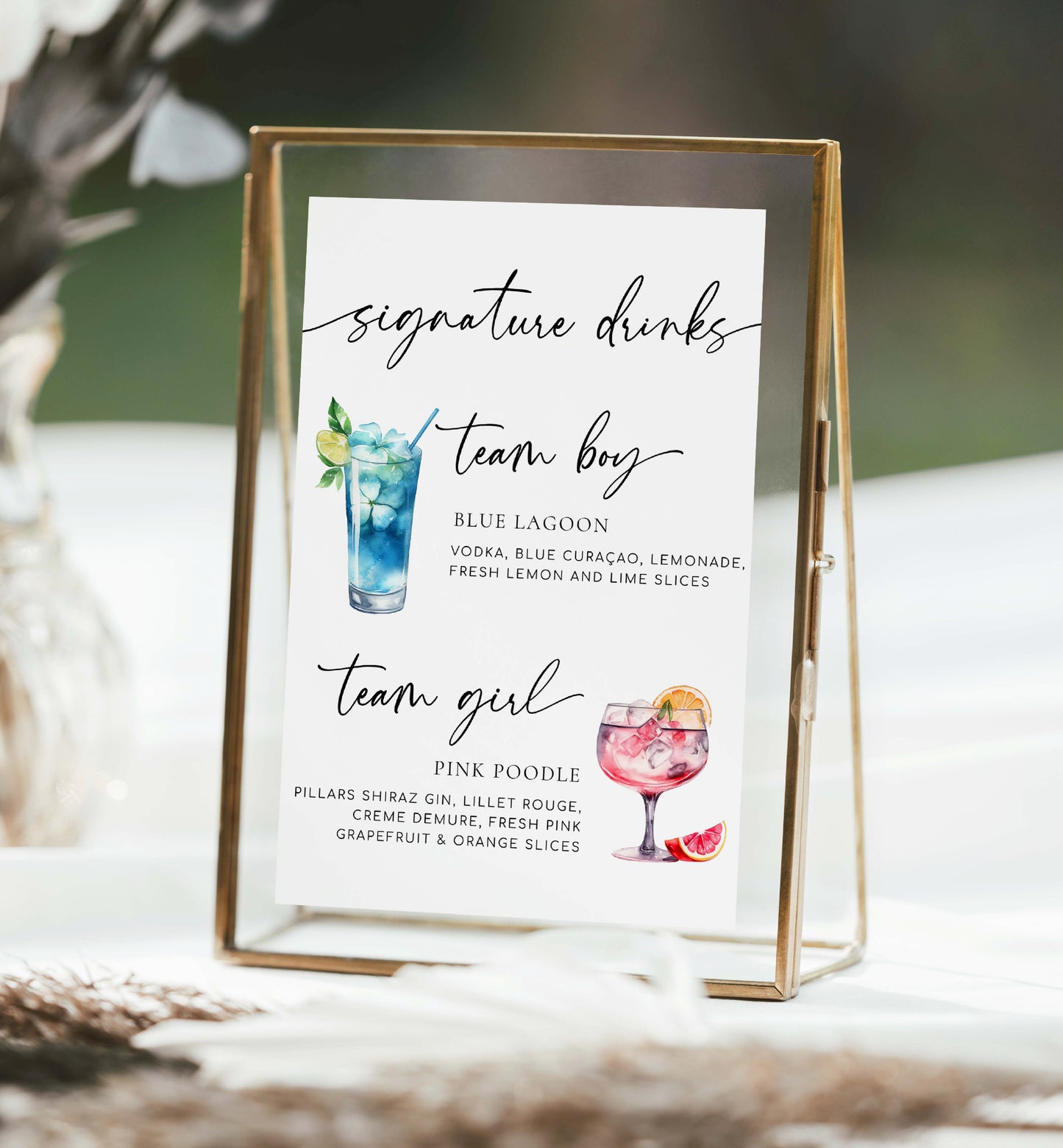 Sign with signature drinks for a wedding or event, featuring 'Blue Lagoon' and 'Pink Foodle' cocktails. Team Girl Team Boy Drinks Menu Sign, Printable Minimalist Gender Reveal, Printable Baby Shower Signature Drinks Menu Sign, Couples Shower