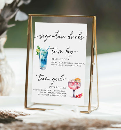 Sign with signature drinks for a wedding or event, featuring 'Blue Lagoon' and 'Pink Foodle' cocktails. Team Girl Team Boy Drinks Menu Sign, Printable Minimalist Gender Reveal, Printable Baby Shower Signature Drinks Menu Sign, Couples Shower