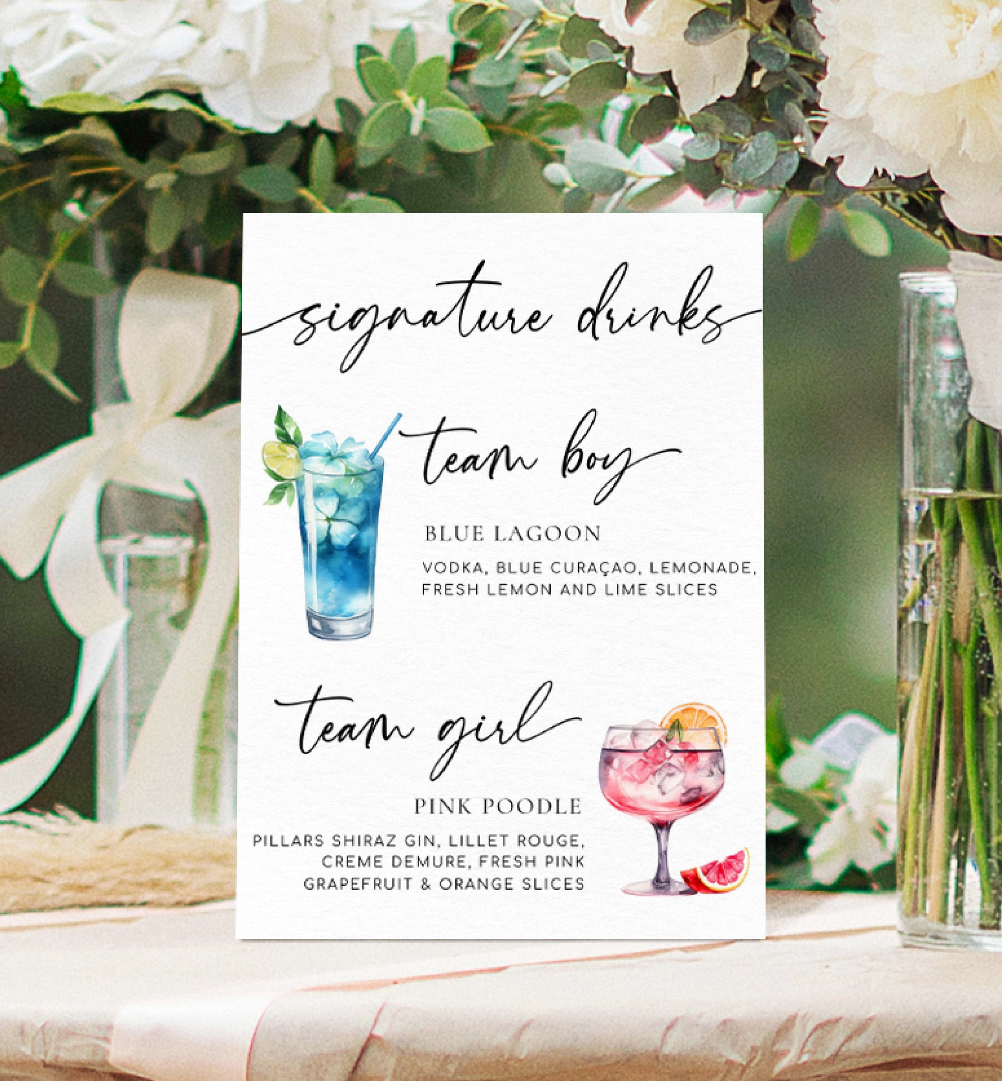 Signature drinks menu for a wedding with cocktail illustrations and text. Team Girl Team Boy Drinks Menu Sign, Printable Minimalist Gender Reveal, Printable Baby Shower Signature Drinks Menu Sign, Couples Shower