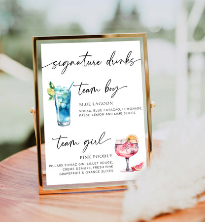 Signature drinks menu for a party with cocktail illustrations and names. Team Girl Team Boy Drinks Menu Sign, Printable Minimalist Gender Reveal, Printable Baby Shower Signature Drinks Menu Sign, Couples Shower